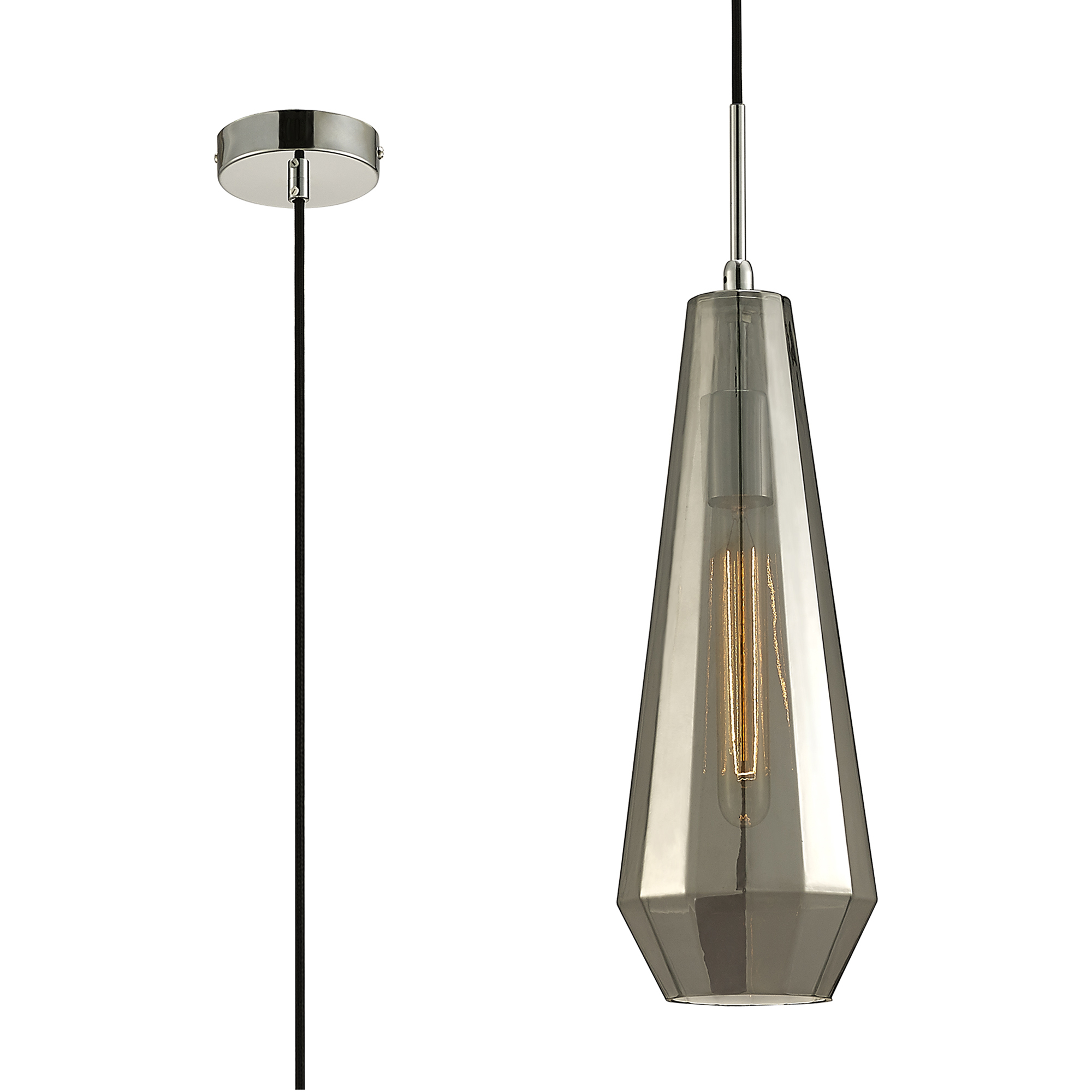 D0108  Markus Glass Pendant 1 Light Smoke Slim Cone Polished Chrome